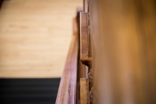 Side view of wooden desk drawers