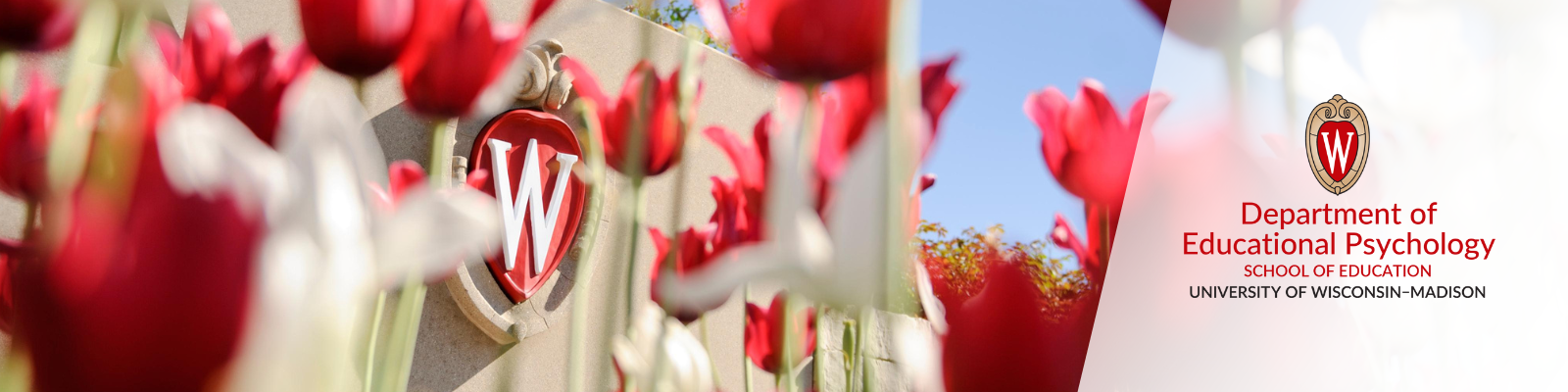 Photo featuring UW crest and red and white tulips. Right of image is the UW crest with the words "Department of Educational Psychology, School of Education, University of Wisconsin Madison."